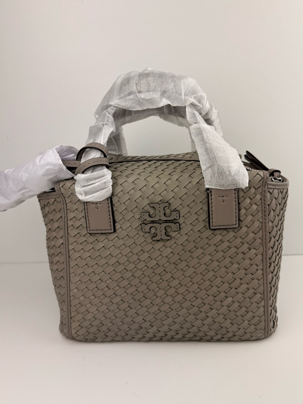Tory Burch Thea Woven Mini Slouchy Satchel French Gray Leather Handbag $595 - Picture 2 of 14